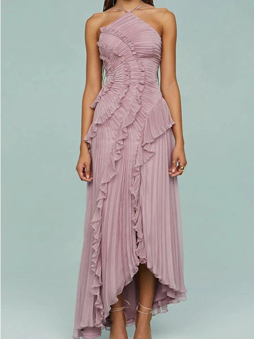 One-Shoulder Ruffle Pleated Maxi Dress in Dusty Pink